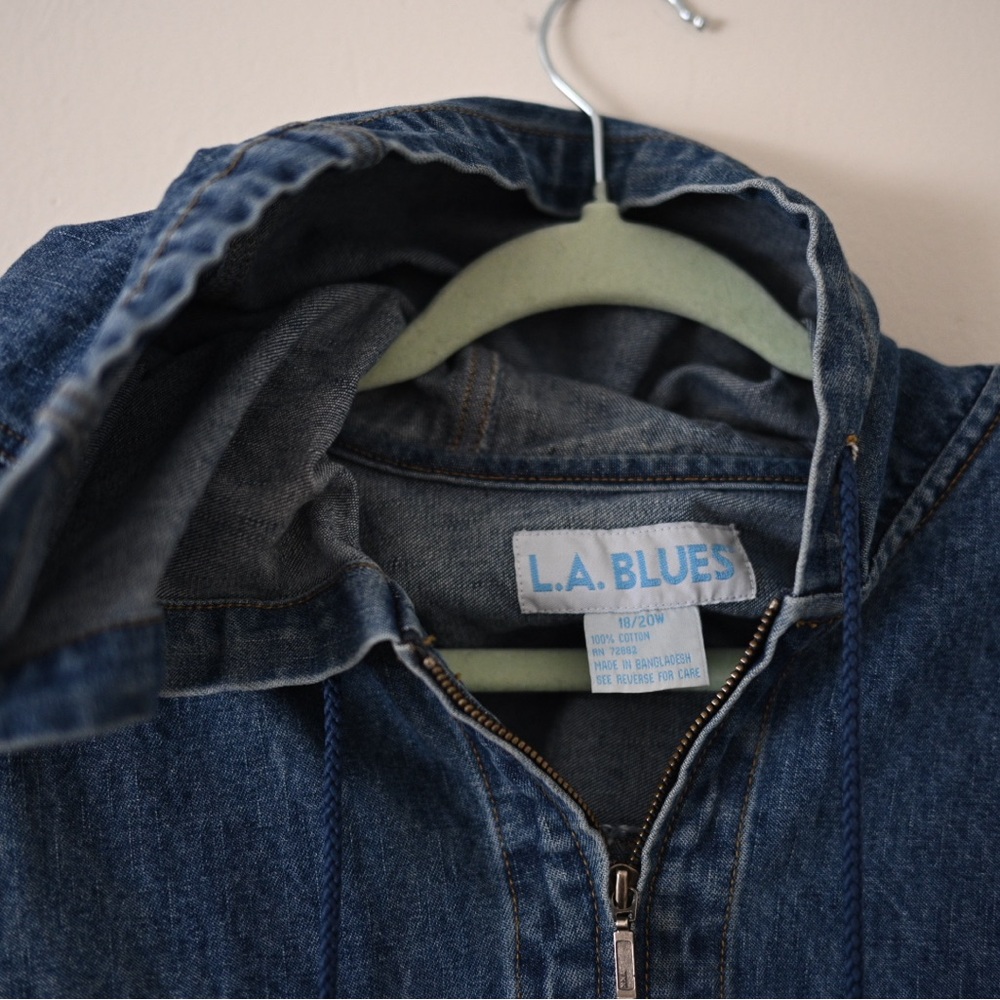 Vintage 90s LA Blues Hooded Denim Jacket Women’s 16/18 Y2K Zip Up - Picture 12 of 12